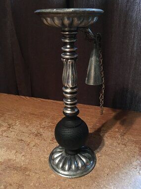 VINTAGE METAL & WOOD CANDLE HOLDER WITH ATTACHED SNUFFER